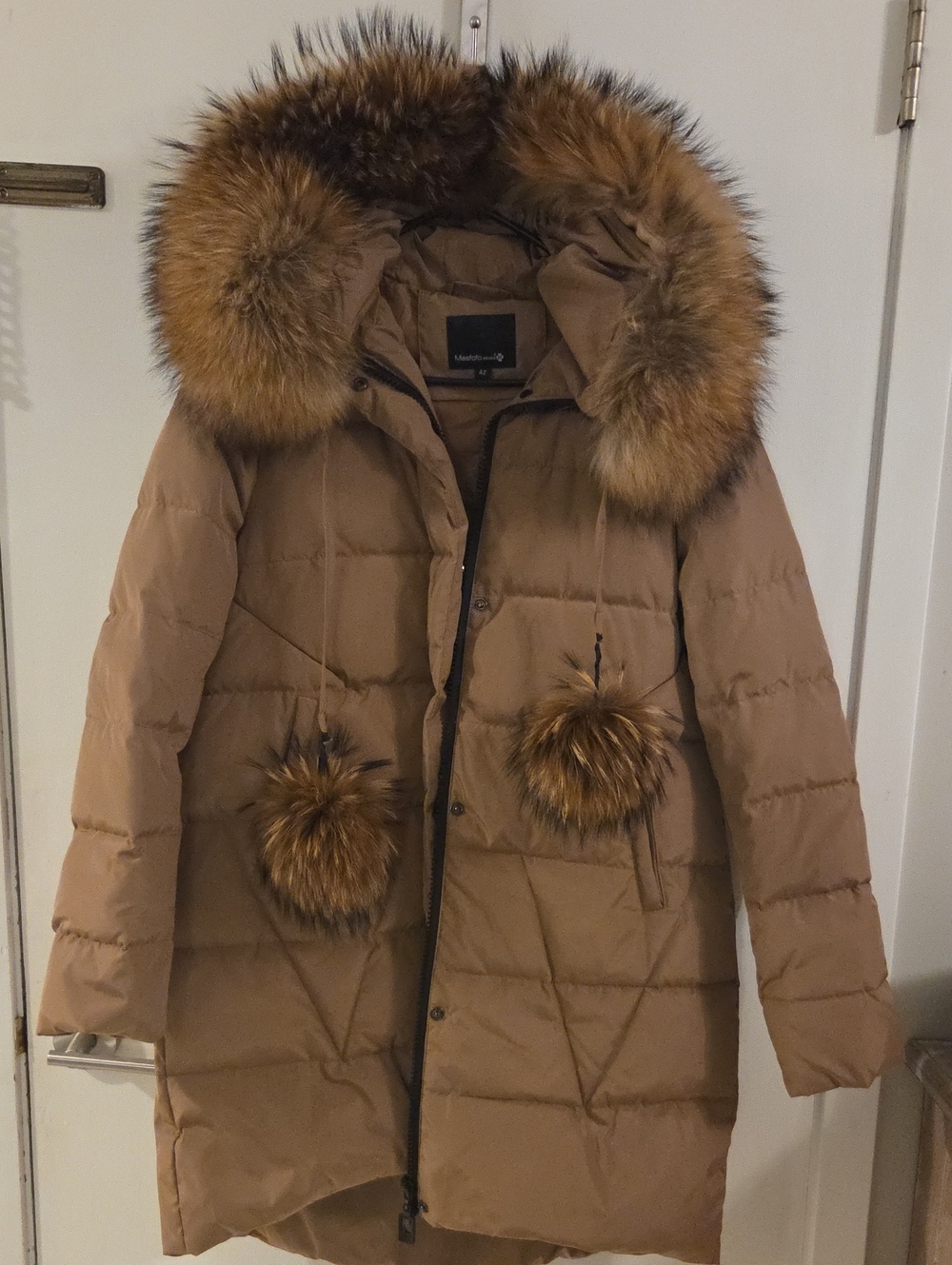 MissFoFo Women’s Long Puffer Coat Fur Hood Pom Poms Camel Brown
